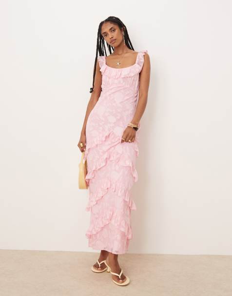 Pretty Lavish - Vestito lungo jacquard con volant rosa posie - view 1