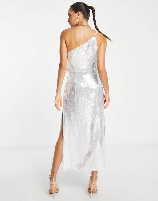 Pretty Lavish - Vestito lungo monospalla argento decorato con spacco sulla coscia, 2 di 4