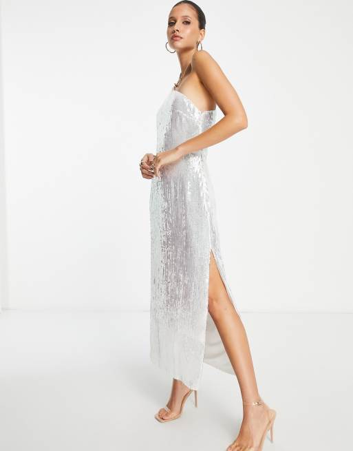 Pretty Lavish - Vestito lungo monospalla argento decorato con spacco sulla coscia, 4 di 4