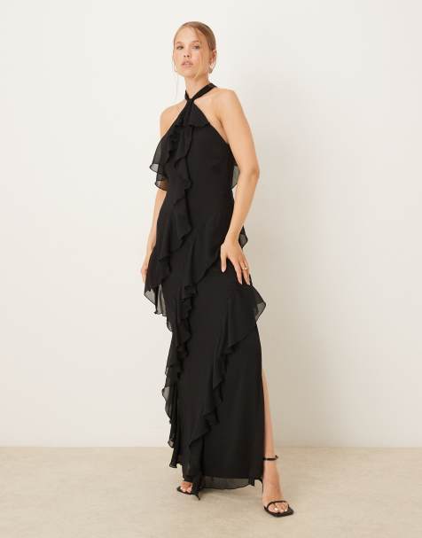 Pretty Lavish - Vestito lungo nero allacciato al collo con volant - view 1