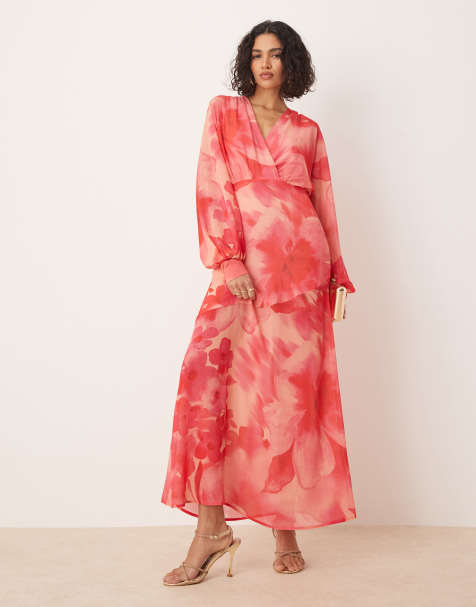 Pretty Lavish - Vestito lungo rosa e rosso a fiori con maniche a palloncino e scollo profondo - view 1