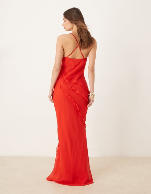 Pretty Lavish Vestito lungo rosso acceso asimmetrico - Main Image