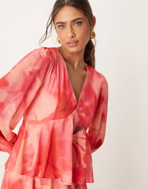 Pretty Lavish - Vestito lungo rosso e rosa con maniche a palloncino e volant, 3 di 4