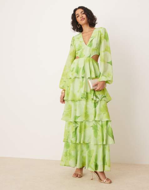 Pretty Lavish - Vestito lungo verde lime con stampa a fiori e balze con volant e cut-out - view 1