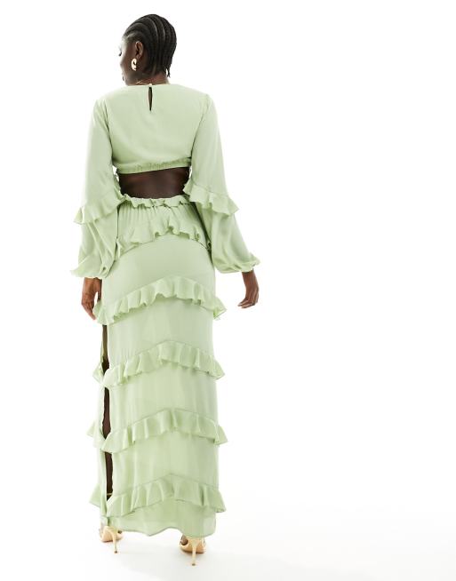Pretty Lavish - Vestito lungo verde salvia con cut-out e volant, 3 di 4