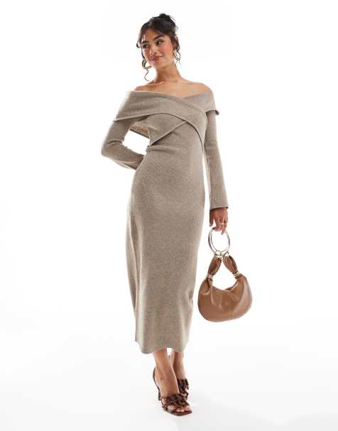 Pretty Lavish - Vestito marrone in maglia con scollo alla Bardot incrociato e gonna al polpaccio - view 1
