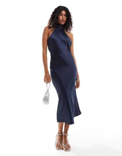 Pretty Lavish - Vestito midi accollato in raso blu navy - view 1