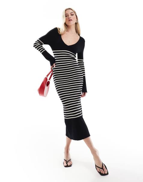 Pretty Lavish - Vestito midi in maglia bianco e nero a righe - view 1
