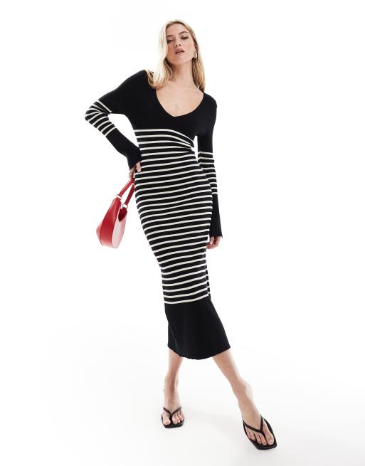 Pretty Lavish - Vestito midi in maglia bianco e nero a righe