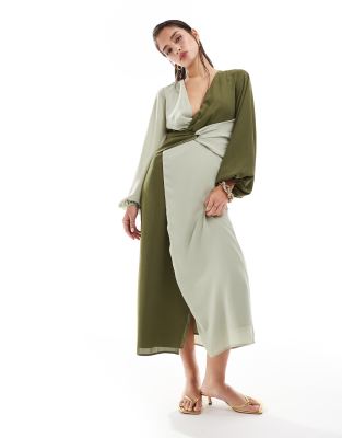 Pretty Lavish - Vestito midi oliva e salvia a contrasto con nodo sul davanti - view 1