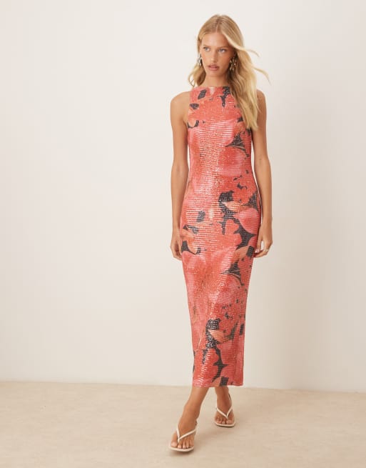 Pretty Lavish - Vestito multicolore a fiori oversize con paillettes e gonna al polpaccio
