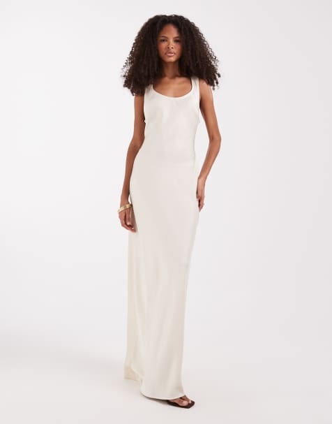 Pretty Lavish - Vestito sottoveste lungo in raso bianco ostrica con dorso a vogatore - view 1