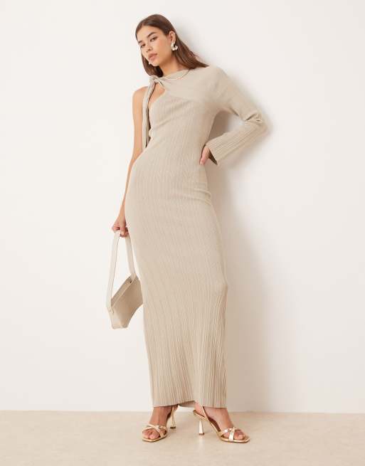 Pretty Lavish - Vestito tortora al polpaccio in maglia scintillante con taglio asimmetrico