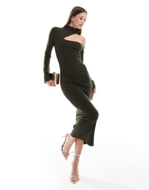 Pretty Lavish – Wadenlanges Strickkleid in Olivgrün mit Zierausschnitt - view 1