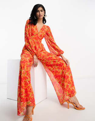 Pretty Lavish Wide Leg Jumpsuit In Red And Orange Floral