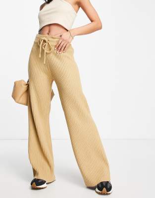 Topshop wide leg soft ribbed pants in beige