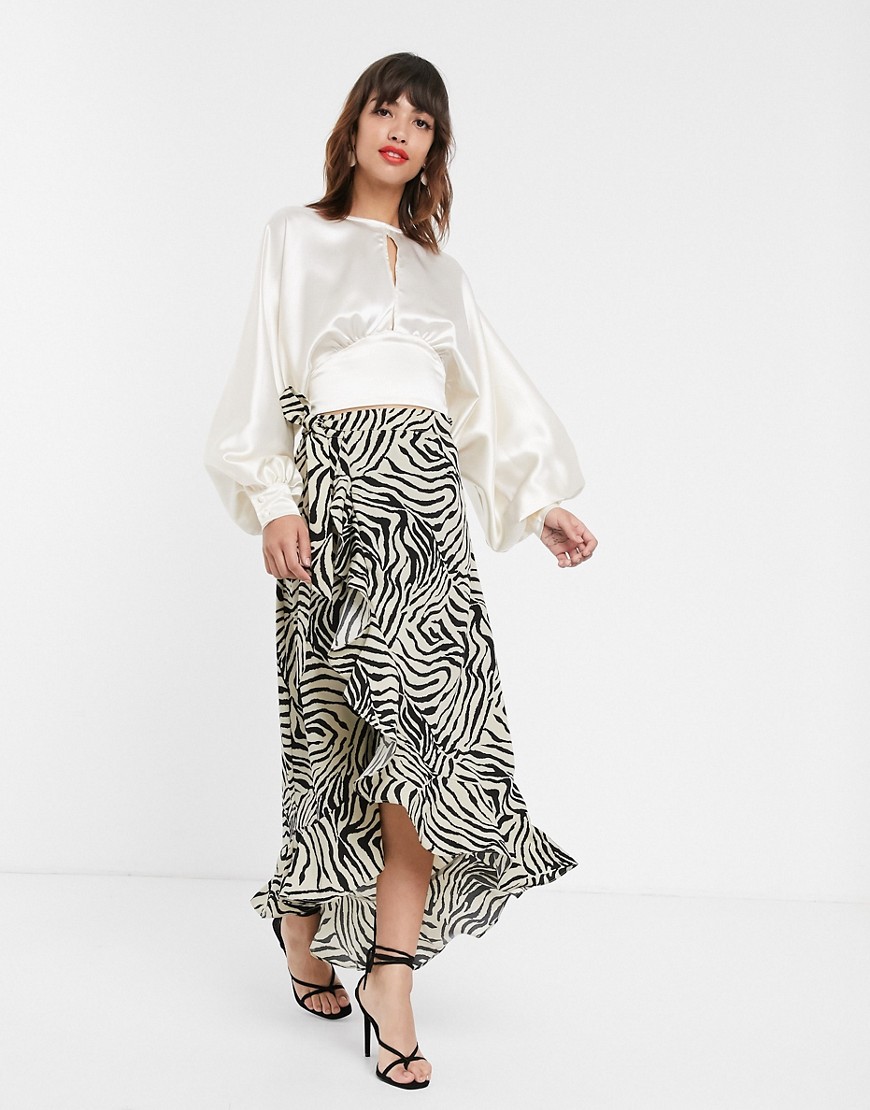 Pretty Lavish wrap midaxi skirt with ruffle hem in zebra-Brown