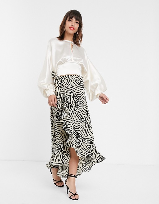 Pretty Lavish wrap midaxi skirt with ruffle hem in zebra