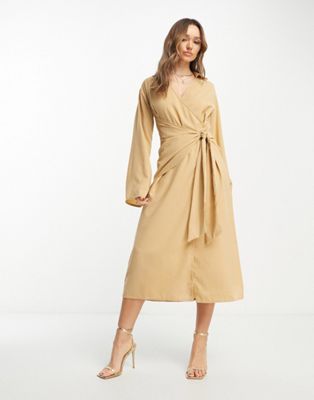 Pretty Lavish wrap midi shirt dress in camel - ASOS Price Checker