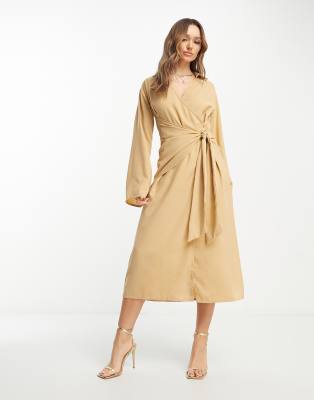 wrap midi shirt dress in camel-White