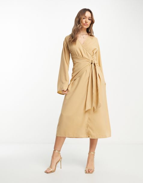 Pretty Lavish wrap midi shirt dress in camel