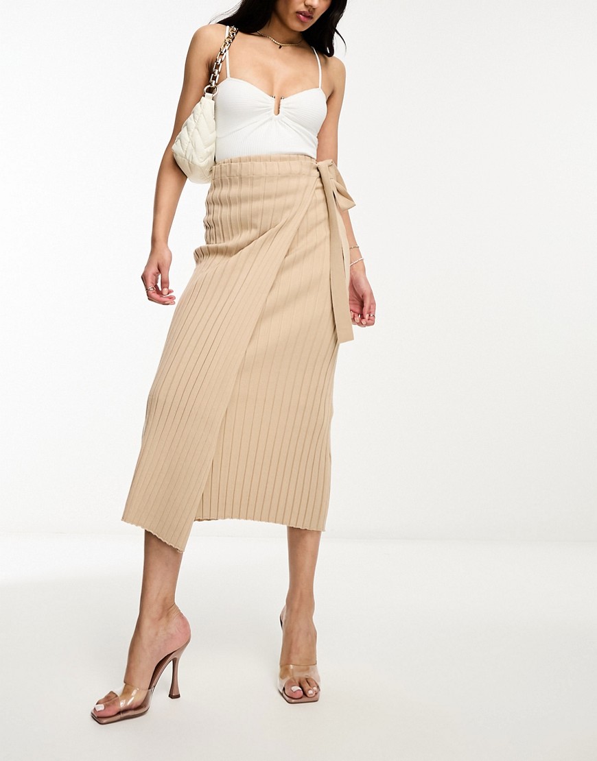 Pretty Lavish wrap thigh split knit skirt in beige-Neutral