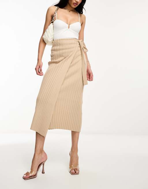 Pretty Lavish wrap thigh split knit skirt in beige | ASOS