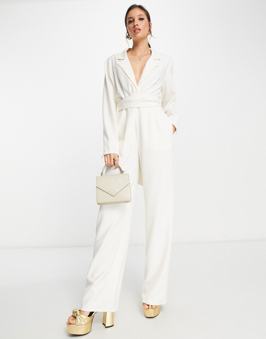 Pretty Lavish wrap waist tailored jumpsuit in cream-White