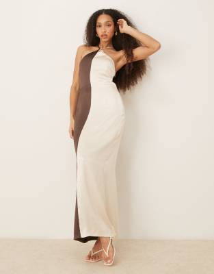 pretty lavish yvete halter neck color block maxi dress in brown