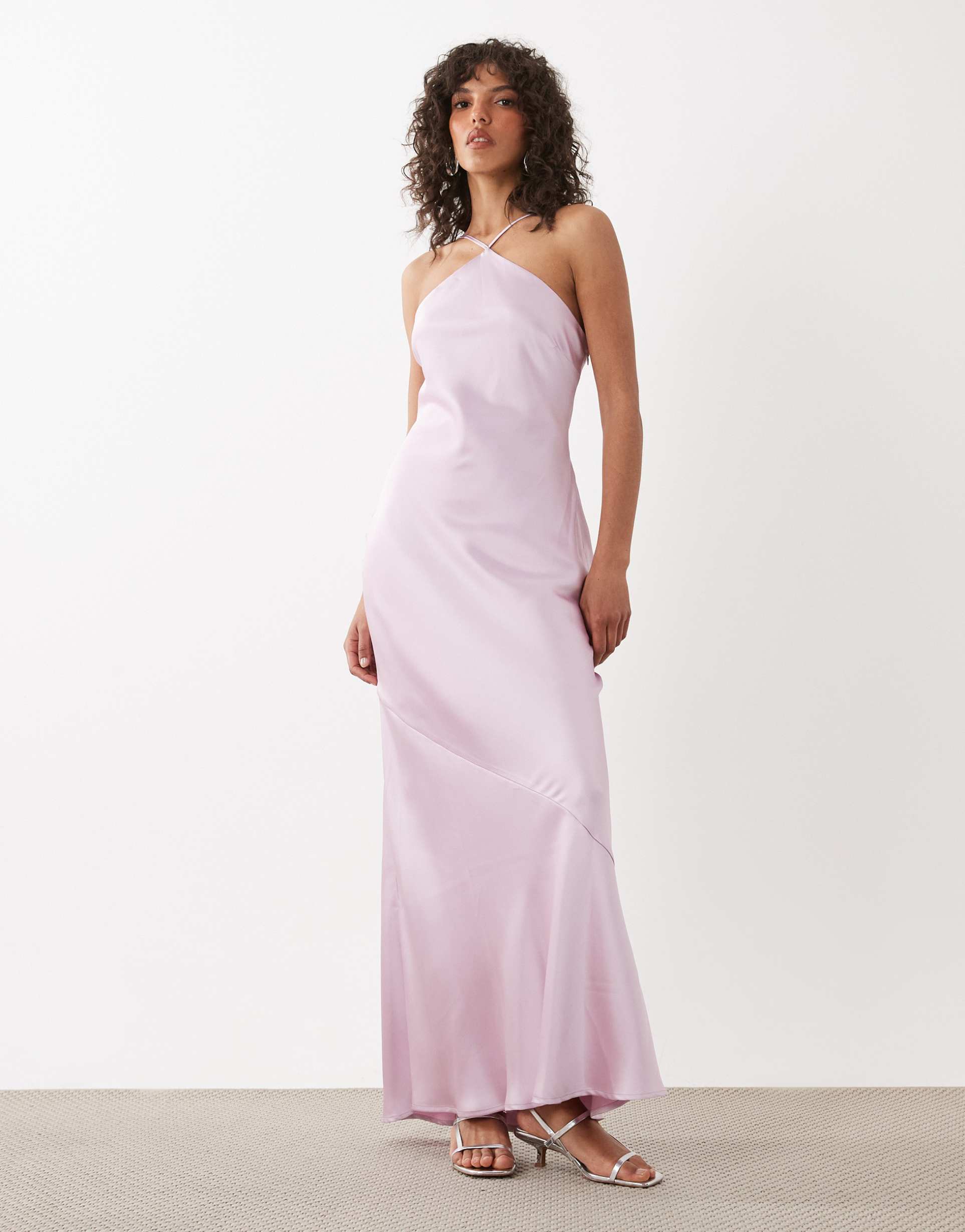 pretty lavish yvette satin halterneck maxi dress in lilac