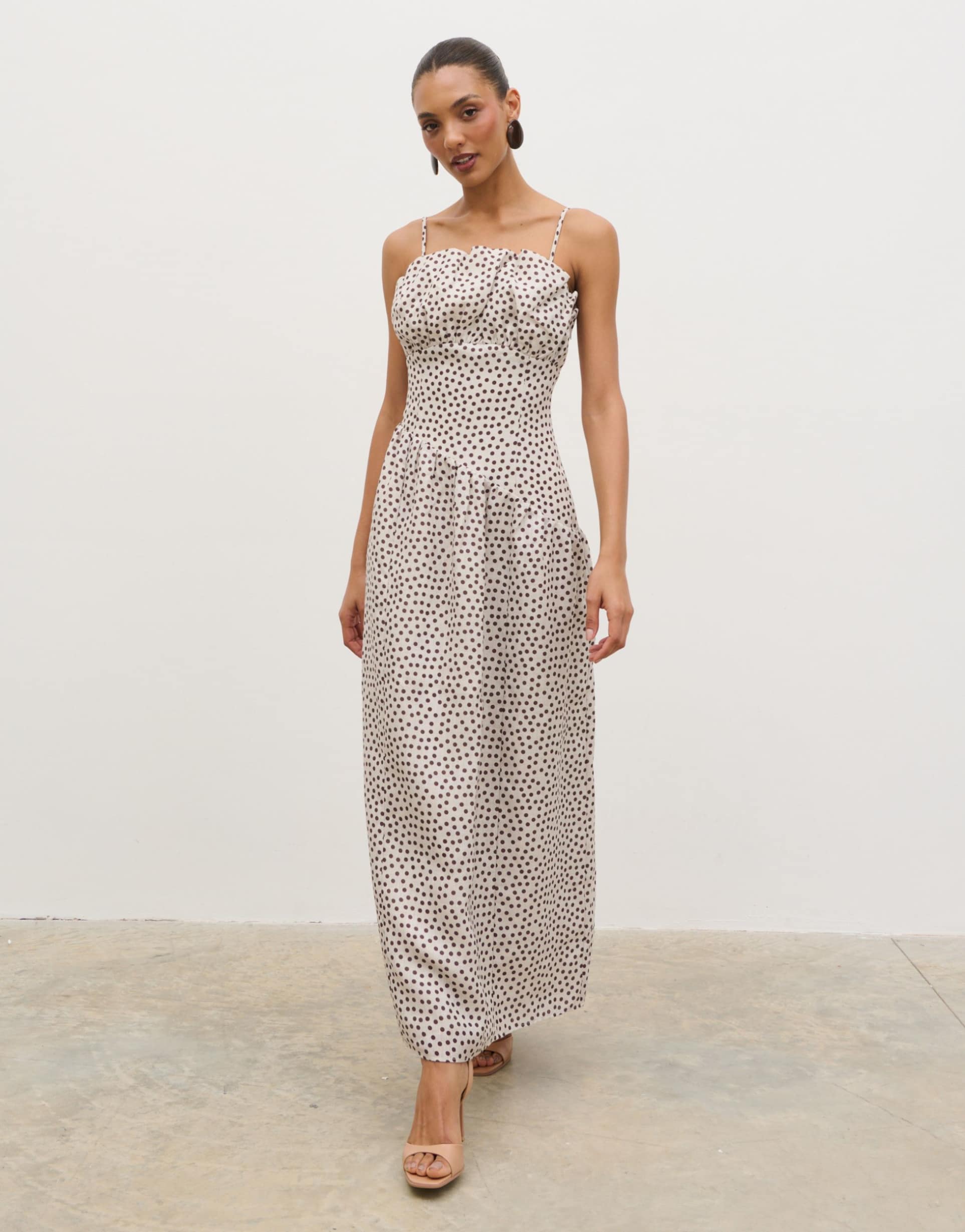 pretty lavish zaria corset detail maxi dress in cream and brown polka dots