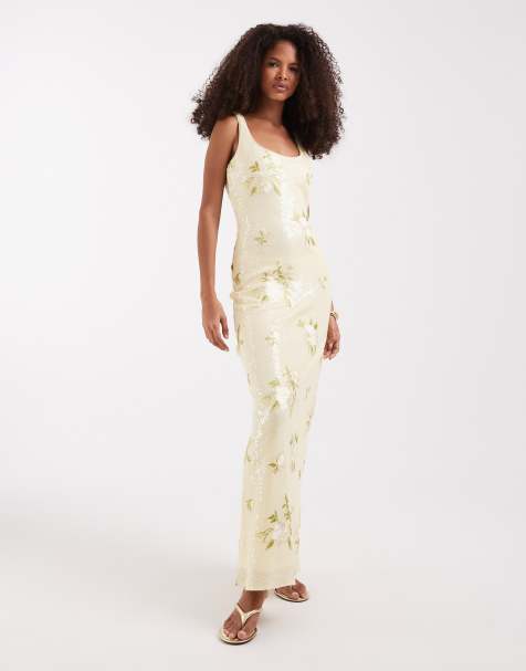 Pretty Lavish - Zia - Robe longue à sequins et encolure dégagée - Citron fleuri - view 1