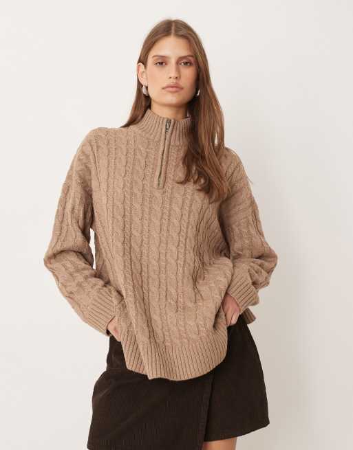 Pretty Lavish zip collar knit jumper in brown