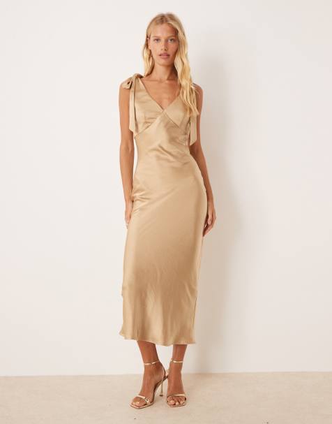 Pretty Lavish bow shoulder satin midaxi dress in gold