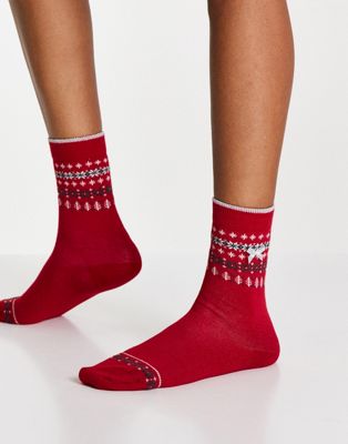 Pretty Polly 1 pair fairisle socks in red