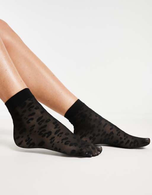 Black Sheer Leopard Ankle Socks for Women