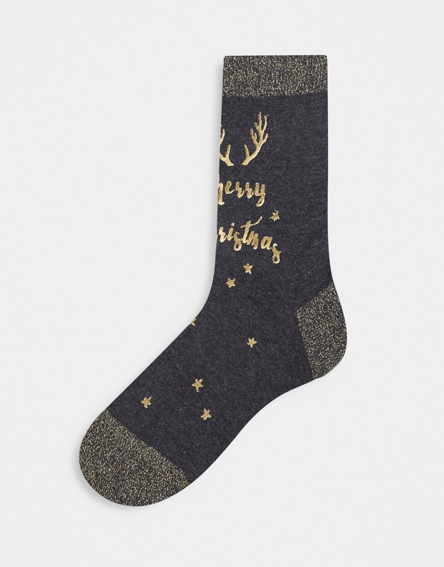 Pretty Polly Christmas gold foil socks in gray-Black