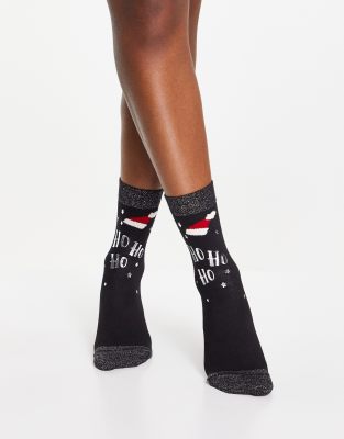 Pretty Polly Christmas ho ho ho socks in black and glitter - ASOS Price Checker