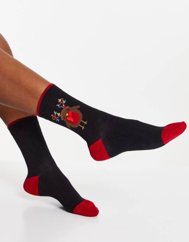 Pretty Polly Christmas robin socks in black and red