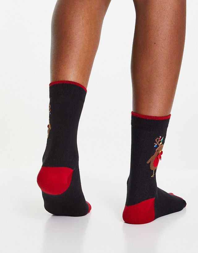 Pretty Polly Christmas robin socks in black and red CE7691