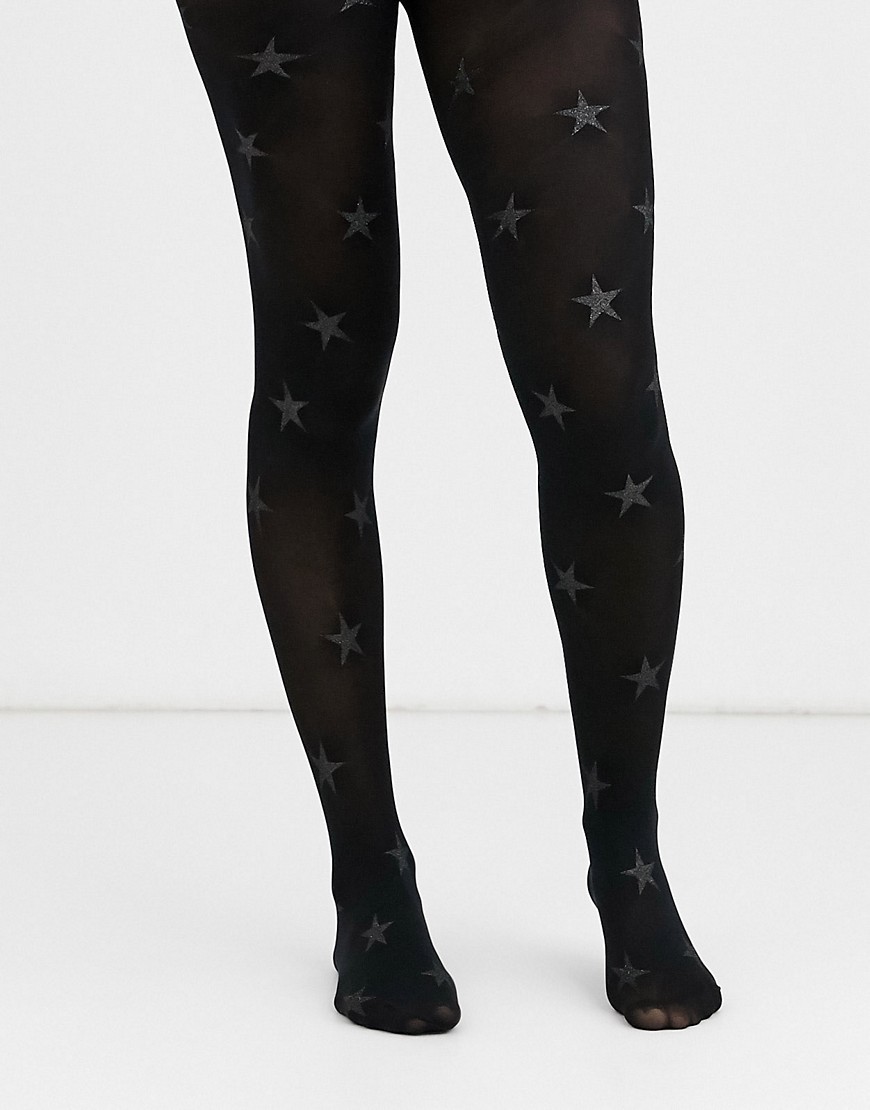 Pretty Polly - Collant neri con stampa glitterata di stelle-Nero
