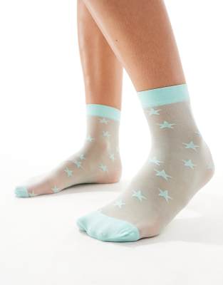 Pretty Polly - Durchsichtige Socken in Mintgrün mit All-over-Sternmuster