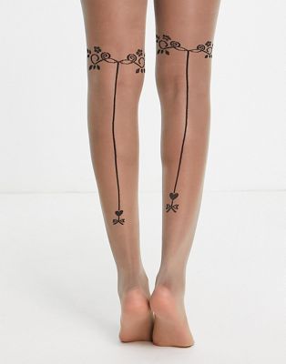 Pretty Polly heart backseam tights in beige and black