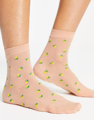 Pretty Polly - Knöchelhohe Netzstoff-Socken mit Zitronenmuster-Gelb