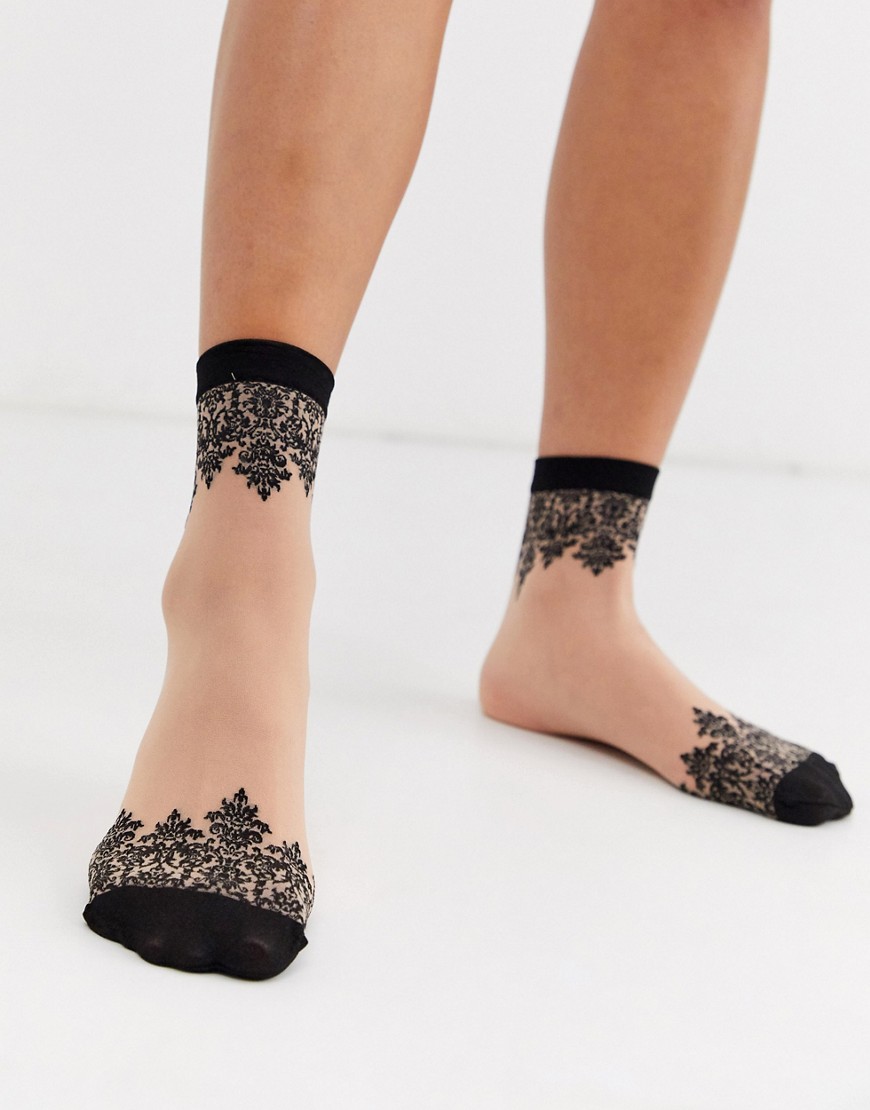 Pretty Polly sheer patterned top and toe anklet sock in black and beige-Multi