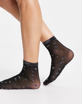 Pretty Polly sheer sparkle star anklet sock in black