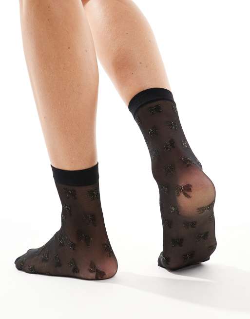 Pretty Polly sparkle bow sheer socks in black