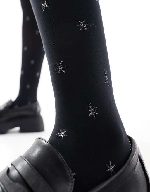 Sparkling Star Tights SILVER Print, Black Opaque Pantyhose for