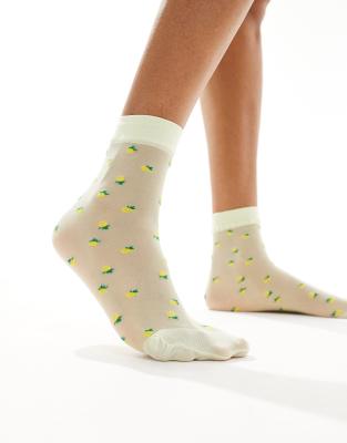 Pretty Polly - Transparente Socken in Gelb mit Zitronenmuster