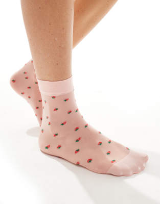 Pretty Polly - Transparente Socken in Rosa mit Erdbeermuster